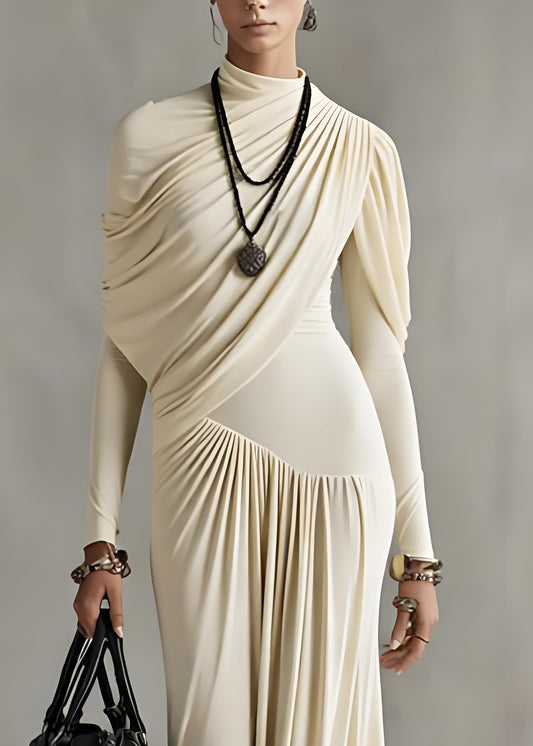 Slim Fit Apricot Wrinkled Solid Cotton Long Dresses Spring