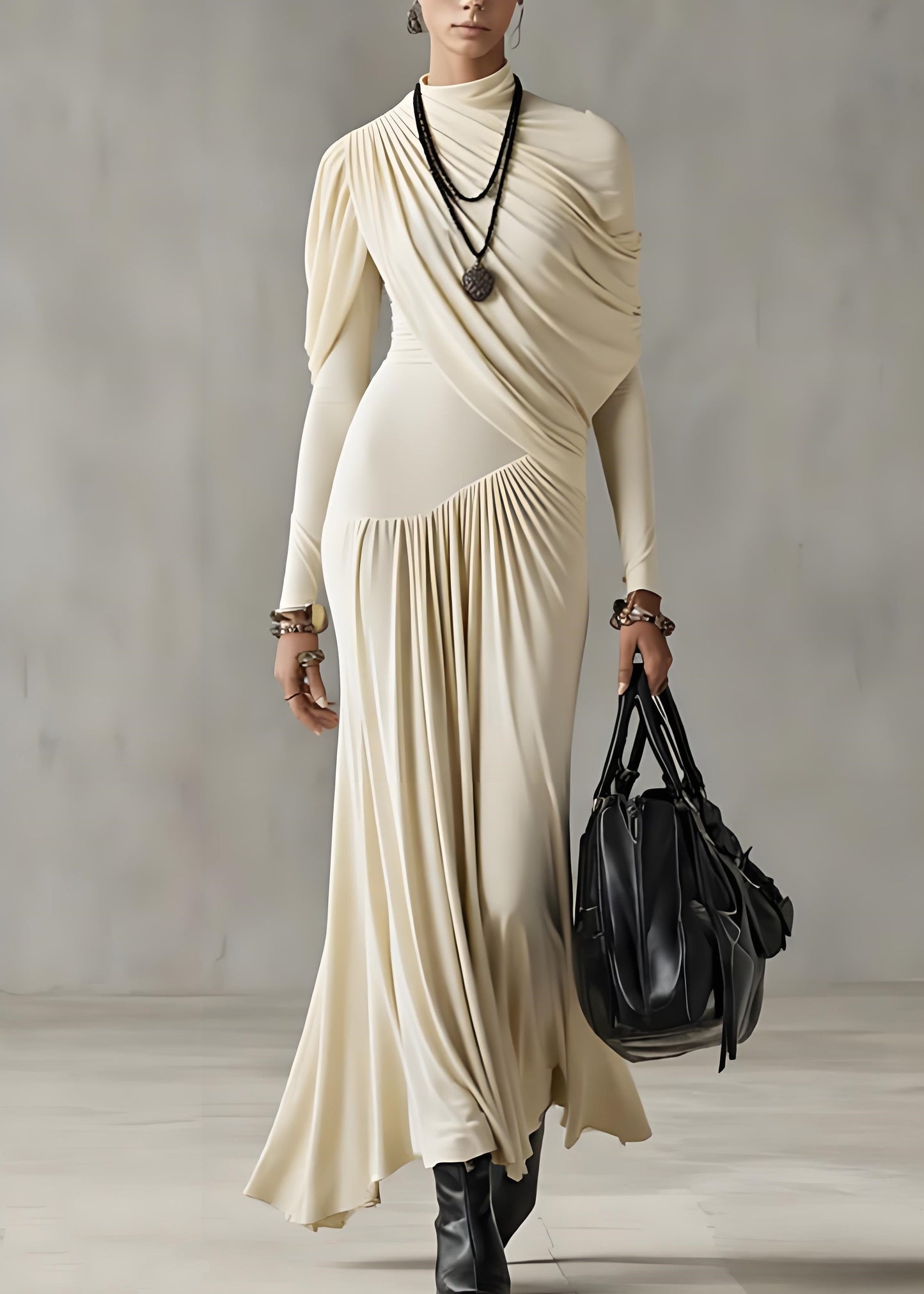 Slim Fit Apricot Wrinkled Solid Cotton Long Dresses Spring