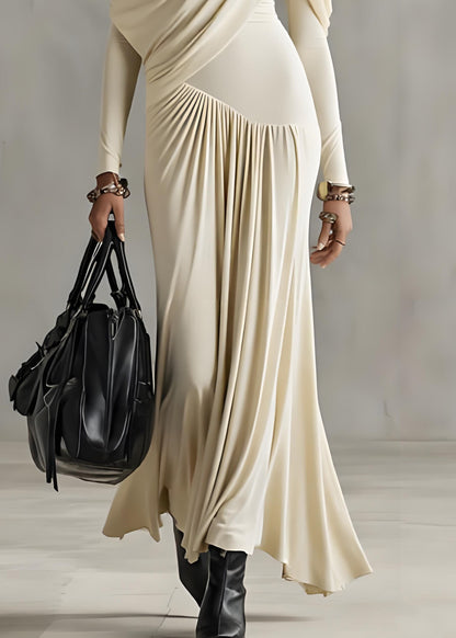 Slim Fit Apricot Wrinkled Solid Cotton Long Dresses Spring