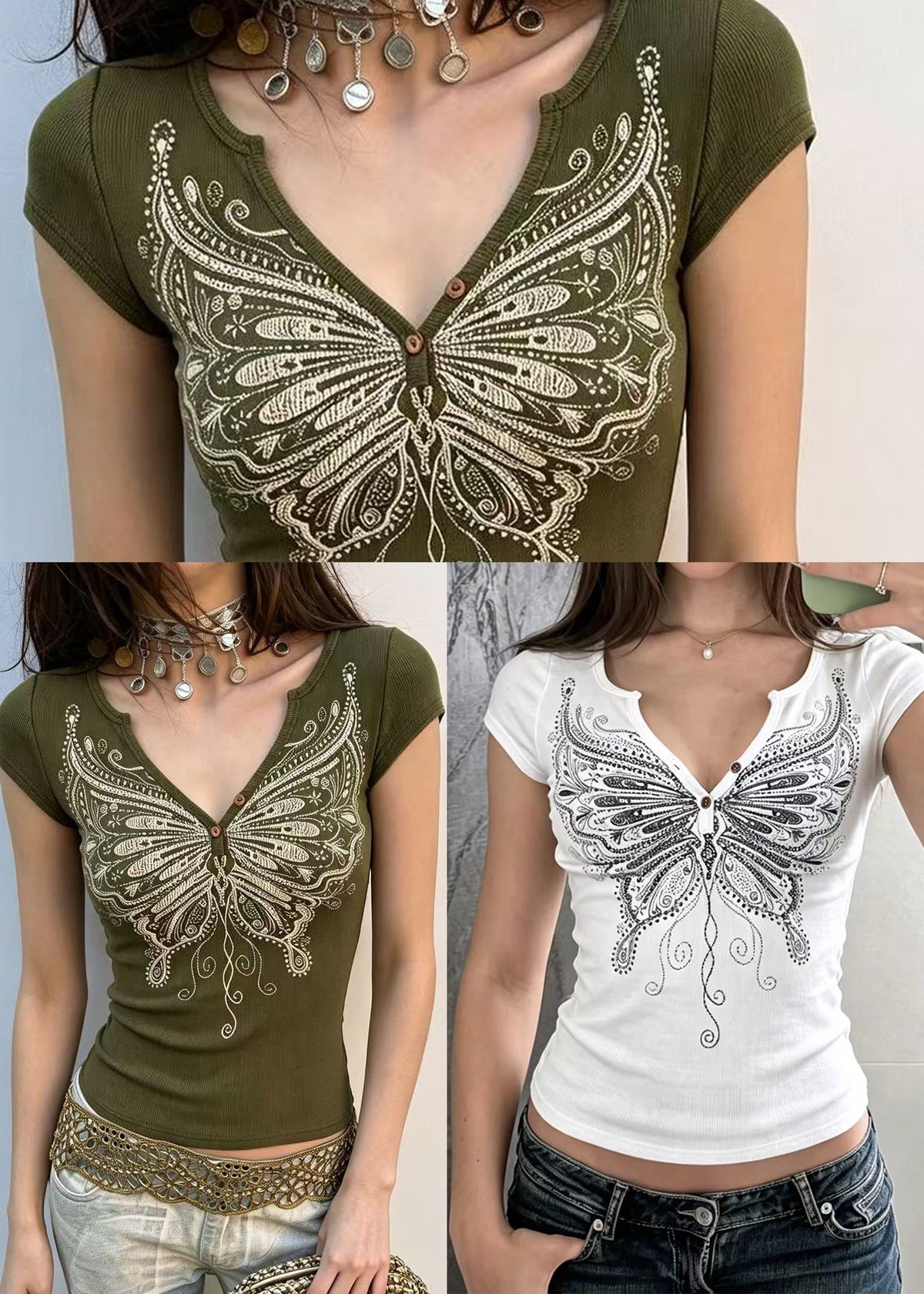 Slim Fit Army Green V Neck Butterfly Print Blouse Top Summer