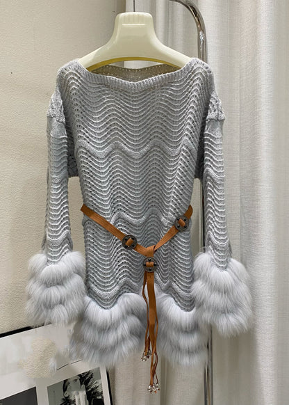 Slim Fit Beige Fox Patchwork Tie Waist Cotton Knit Sweaters Winter