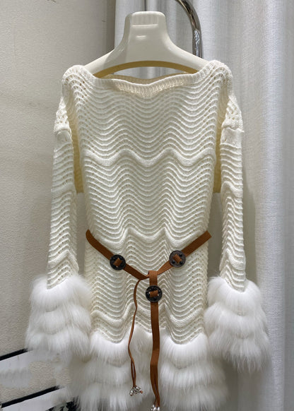 Slim Fit Beige Fox Patchwork Tie Waist Cotton Knit Sweaters Winter