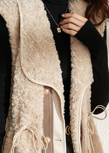 Slim Fit Beige Kerb Patchwork Knopf Dicke Kunstpelz Weste Herbst