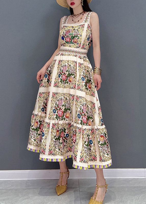 Ärmelloses Chiffonkleid mit Spaghettiträgern in Beige mit Print in schmaler Passform