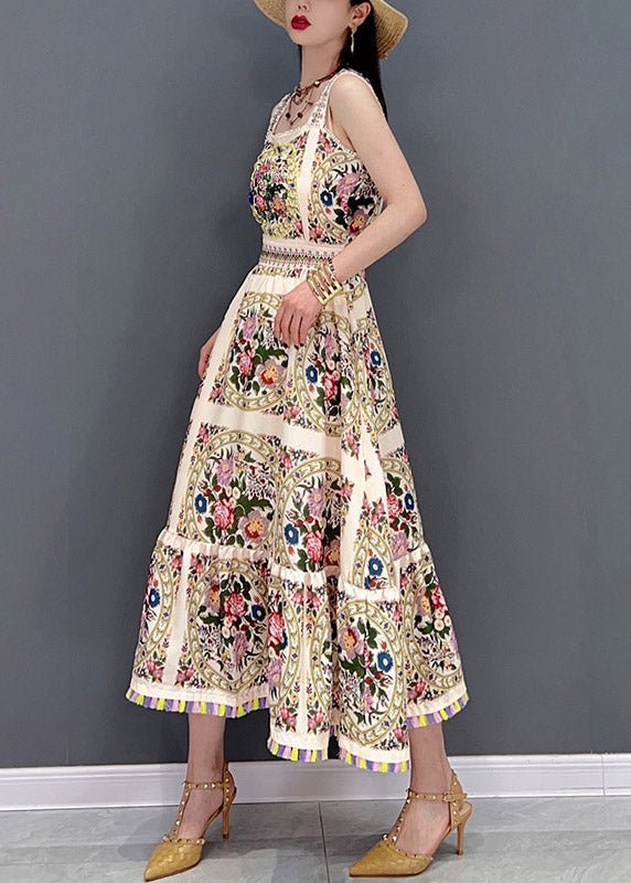 Ärmelloses Chiffonkleid mit Spaghettiträgern in Beige mit Print in schmaler Passform