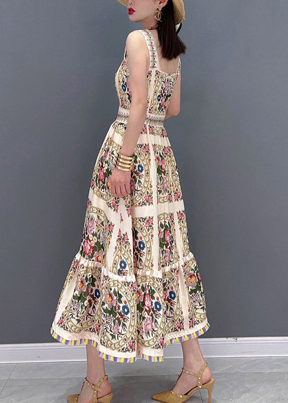 Ärmelloses Chiffonkleid mit Spaghettiträgern in Beige mit Print in schmaler Passform