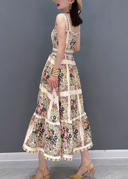 Ärmelloses Chiffonkleid mit Spaghettiträgern in Beige mit Print in schmaler Passform