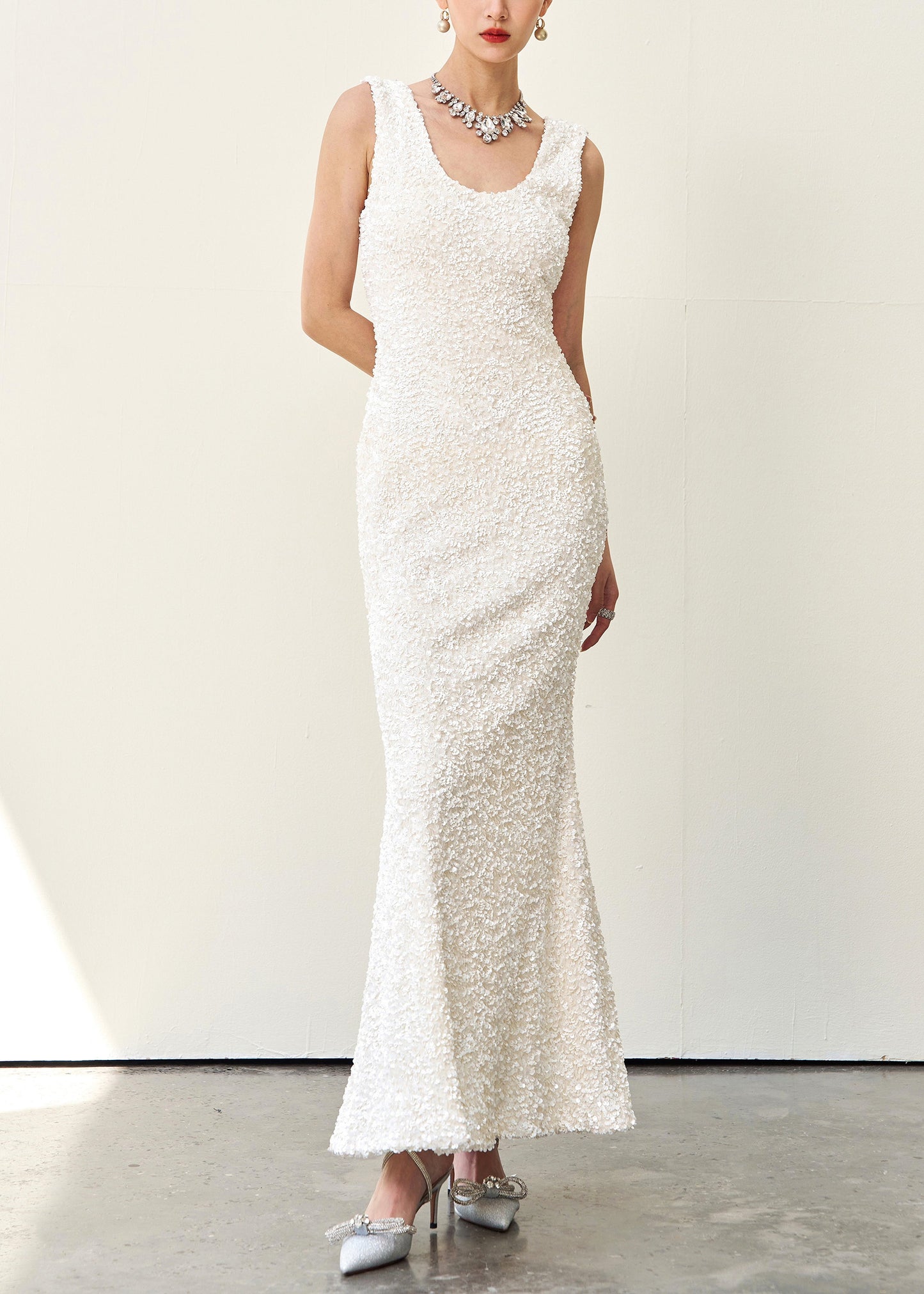 Slim Fit Beige U Neck High Waist Cotton Long Dresses Sleeveless