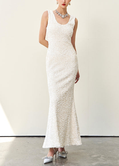 Slim Fit Beige U Neck High Waist Cotton Long Dresses Sleeveless