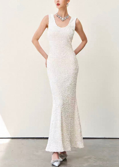 Slim Fit Beige U Neck High Waist Cotton Long Dresses Sleeveless