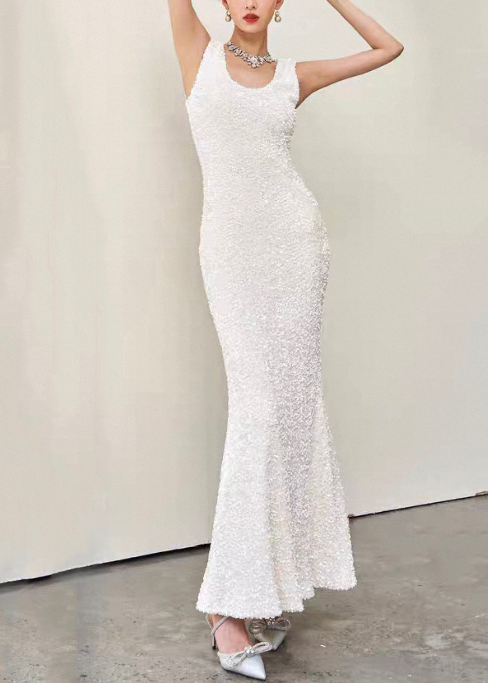 Slim Fit Beige U Neck High Waist Cotton Long Dresses Sleeveless