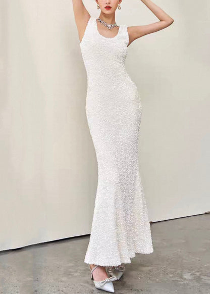 Slim Fit Beige U Neck High Waist Cotton Long Dresses Sleeveless