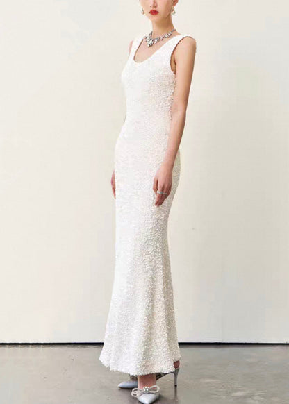 Slim Fit Beige U Neck High Waist Cotton Long Dresses Sleeveless