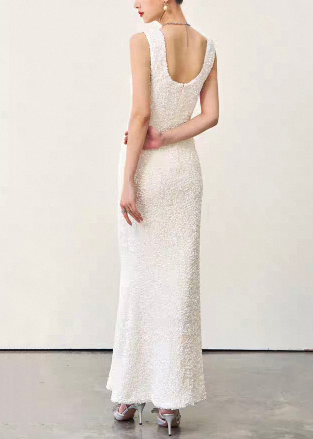 Slim Fit Beige U Neck High Waist Cotton Long Dresses Sleeveless