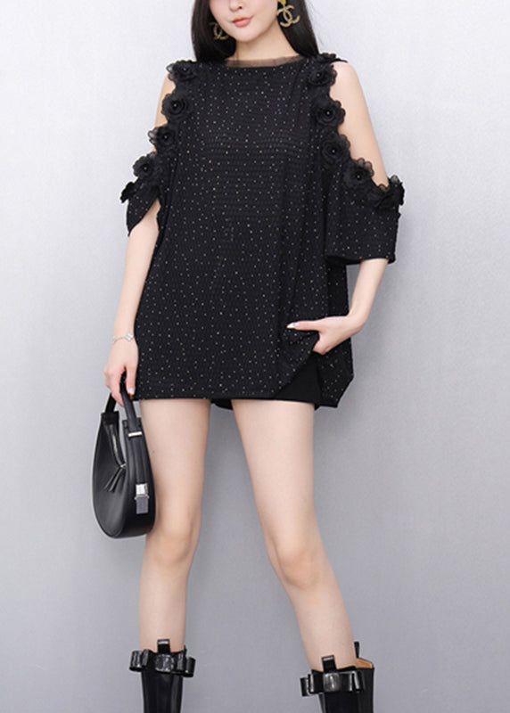 Slim Fit Black Floral Cold Shoulder T Shirt Short Sleeveless