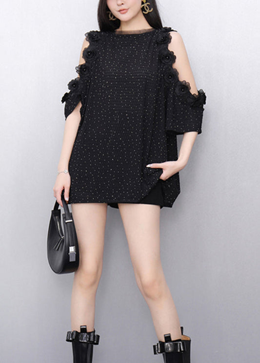 Slim Fit Black Floral Cold Shoulder T Shirt Short Sleeveless