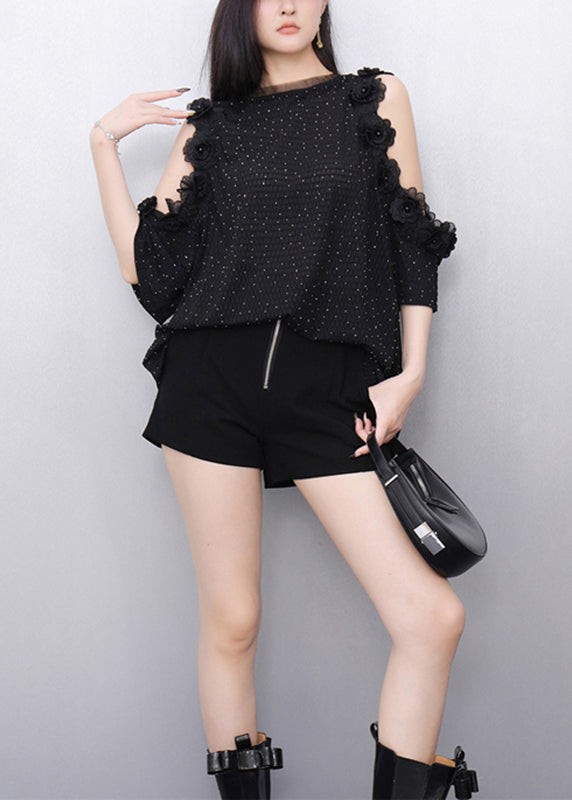 Slim Fit Black Floral Cold Shoulder T Shirt Short Sleeveless