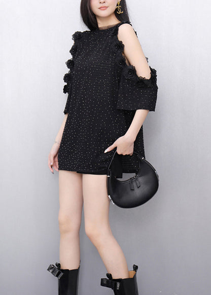 Slim Fit Black Floral Cold Shoulder T Shirt Short Sleeveless