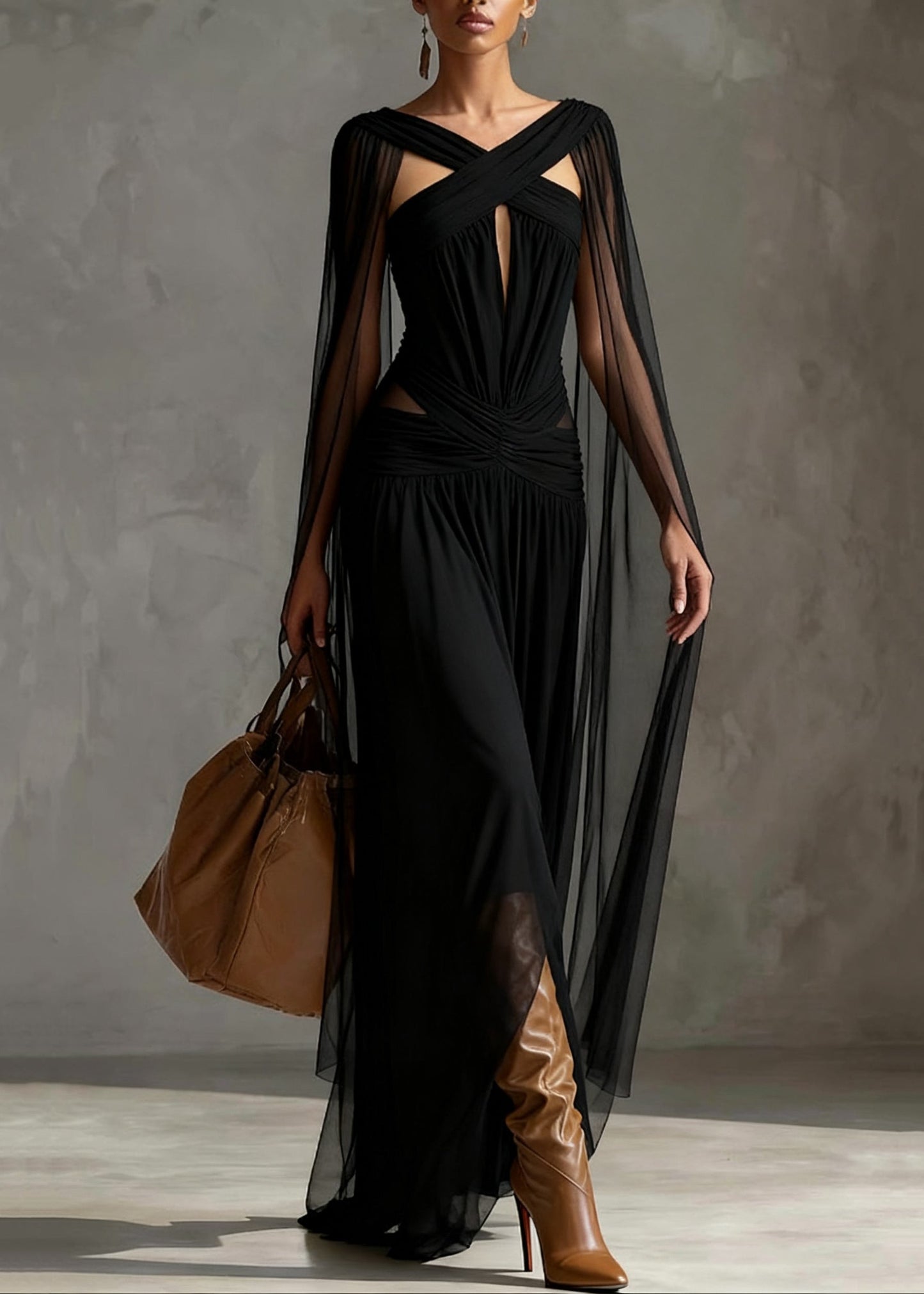 Slim Fit Black Hollow Out Wrinkled Tulle Party Dress Summer