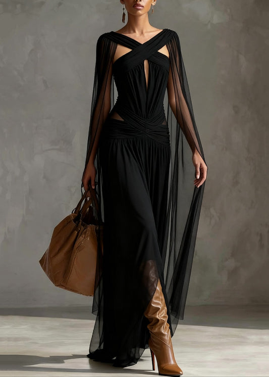 Slim Fit Black Hollow Out Wrinkled Tulle Party Dress Summer