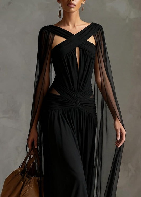 Slim Fit Black Hollow Out Wrinkled Tulle Party Dress Summer