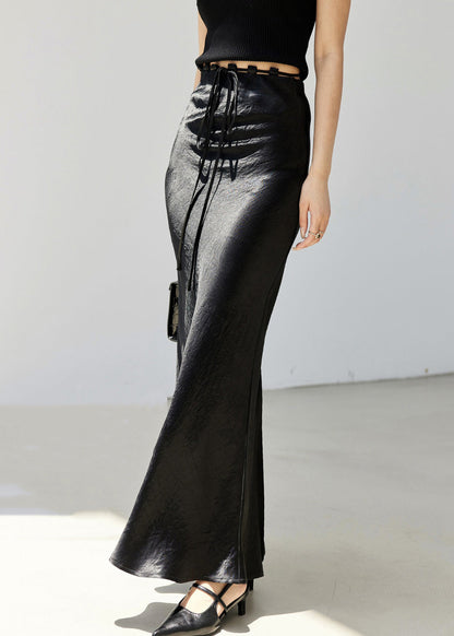 Slim Fit Black Lace Up High Waist Silk Skirt Summer