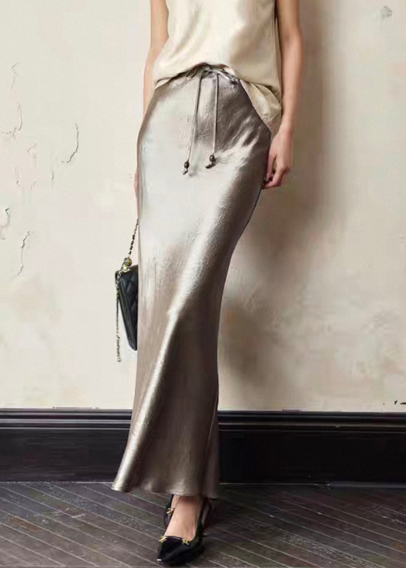 Slim Fit Black Lace Up High Waist Silk Skirt Summer