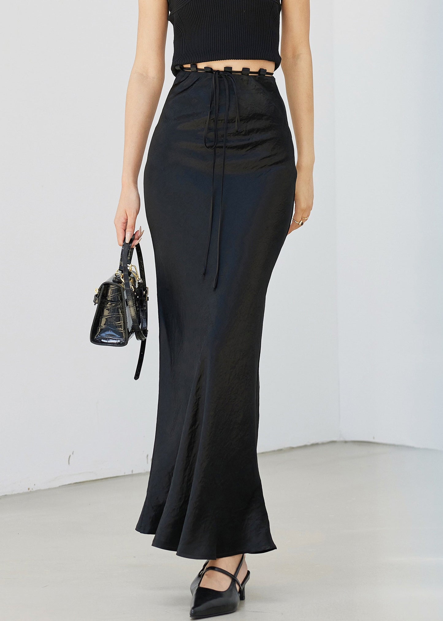 Slim Fit Black Lace Up High Waist Silk Skirt Summer