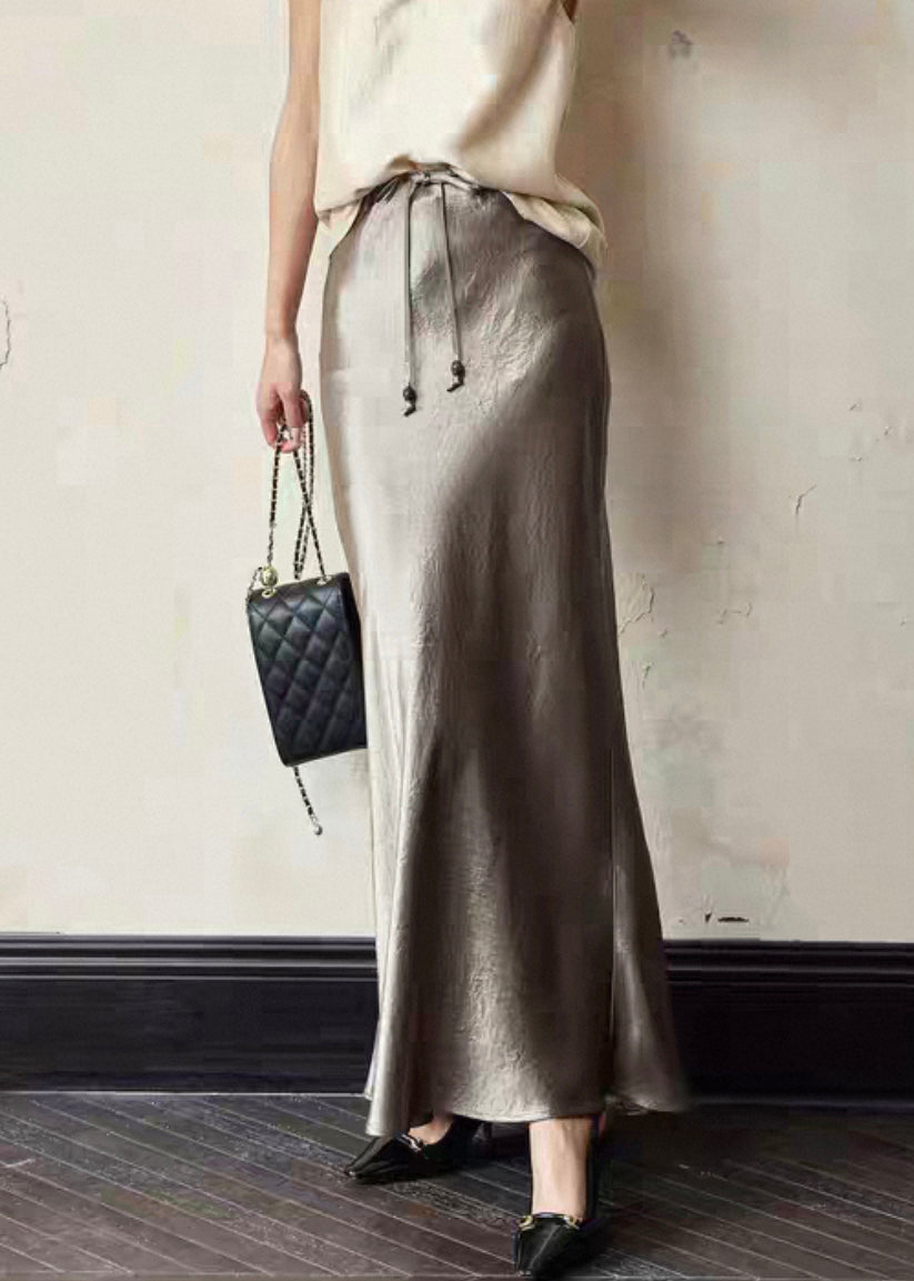 Slim Fit Black Lace Up High Waist Silk Skirt Summer