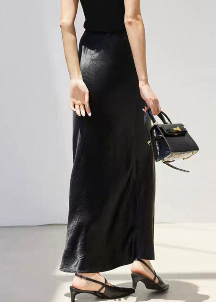 Slim Fit Black Lace Up High Waist Silk Skirt Summer