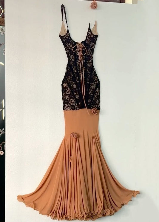 Slim Fit Black Lace Up Patchwork Lace Spaghetti Strap Dress Sleeveless