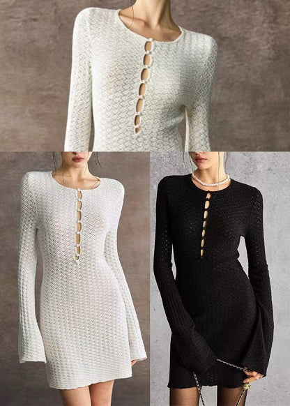 Slim Fit Black O-Neck Cut Out Knit Vacation Dress Fall