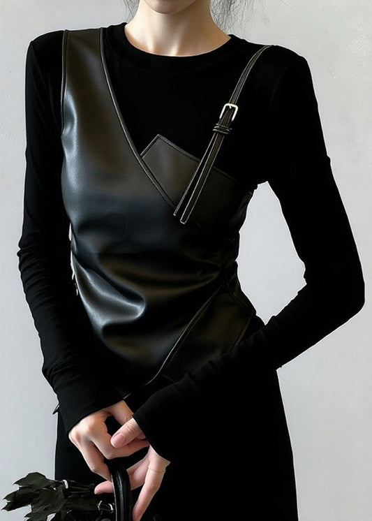 Slim Fit Black O-Neck Faux Leather Patchwork False Two Pieces T Shirt Spring