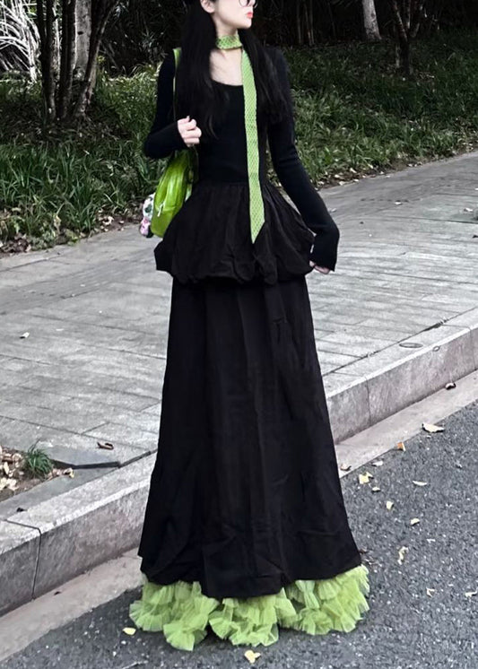 Slim Fit Black O Neck High Waist Solid Cotton Long Dress Spring