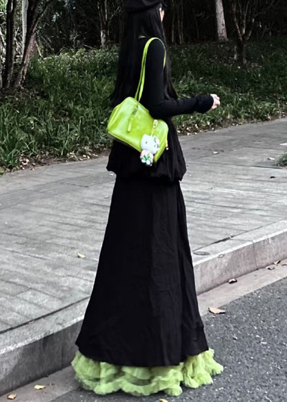 Slim Fit Black O Neck High Waist Solid Cotton Long Dress Spring