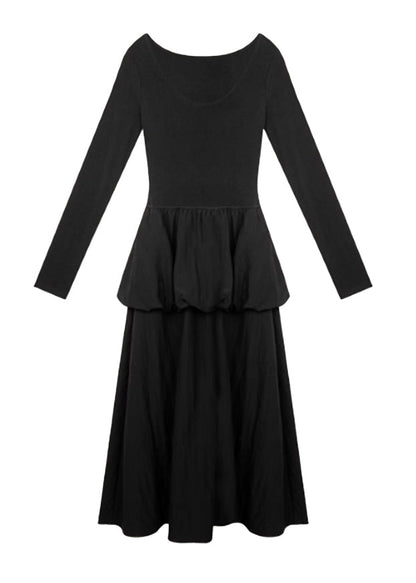 Slim Fit Black O Neck High Waist Solid Cotton Long Dress Spring