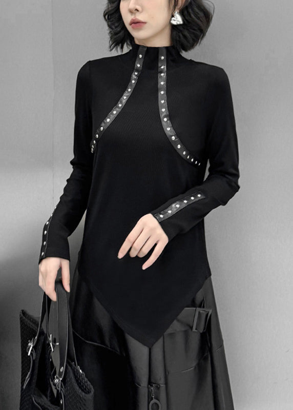 Schmal geschnittenes schwarzes Patchwork-Nagelperlen-Top