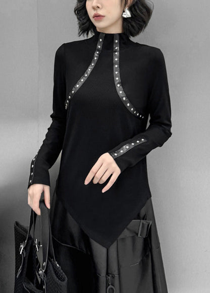 Schmal geschnittenes schwarzes Patchwork-Nagelperlen-Top