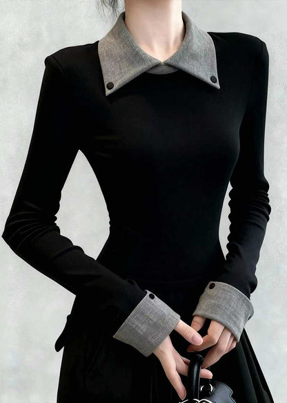Slim Fit Black Peter Pan Collar False Two Pieces Patchwork Cotton T Shirts Spring