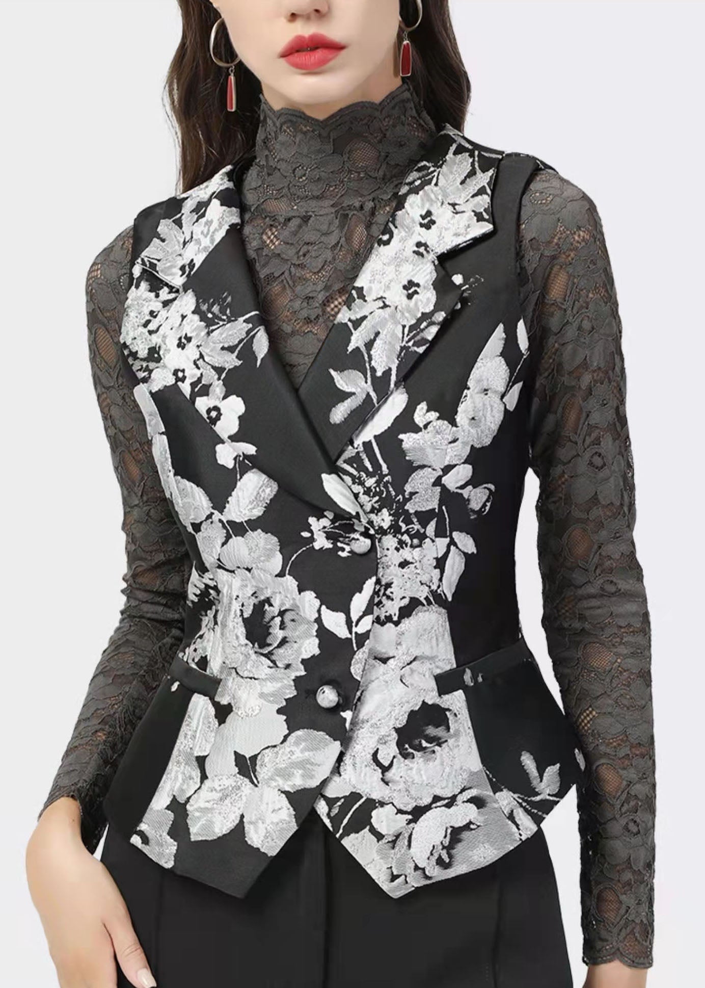 Slim Fit Schwarz Peter Pan Kragen taste Print Weste Tops Frühling