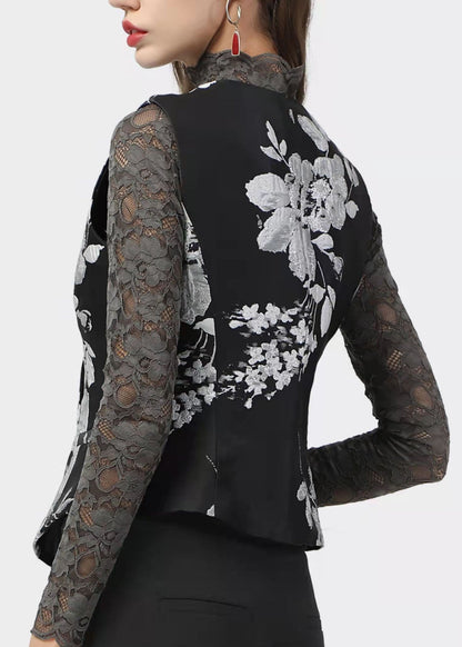 Slim Fit Schwarz Peter Pan Kragen taste Print Weste Tops Frühling