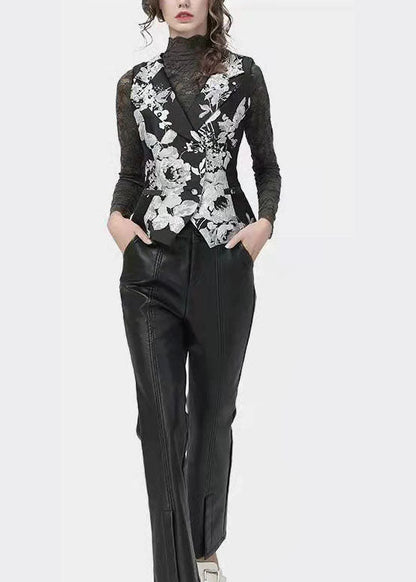 Slim Fit Schwarz Peter Pan Kragen taste Print Weste Tops Frühling