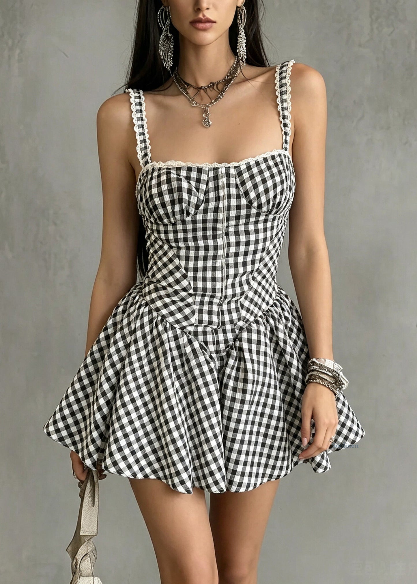 Slim Fit Black Plaid Tunic Mid Spaghetti Strap Dress Summer