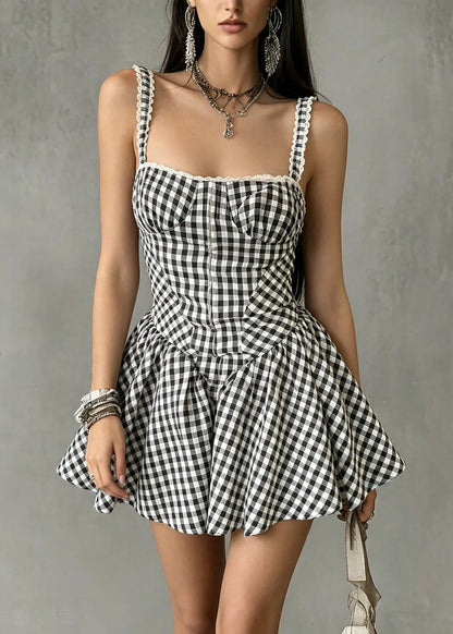 Slim Fit Black Plaid Tunic Mid Spaghetti Strap Dress Summer