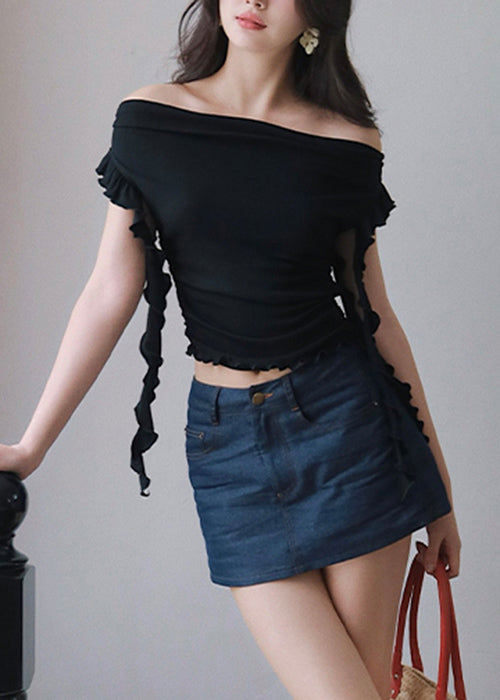 Slim Fit Black Slash Neck Ruffled Cotton T Shirt Summer
