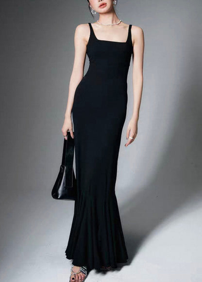 Slim Fit Black Square Collar High Waist Cotton Spaghetti Strap Dress Summer