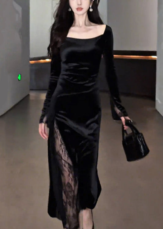 Slim Fit Black Square Collar Lace Patchwork Silk Velvet Long Dress Fall
