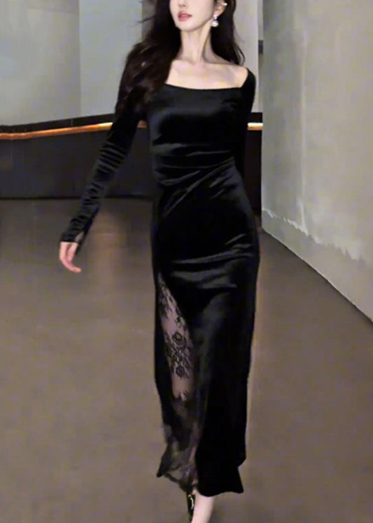 Slim Fit Black Square Collar Lace Patchwork Silk Velvet Long Dress Fall