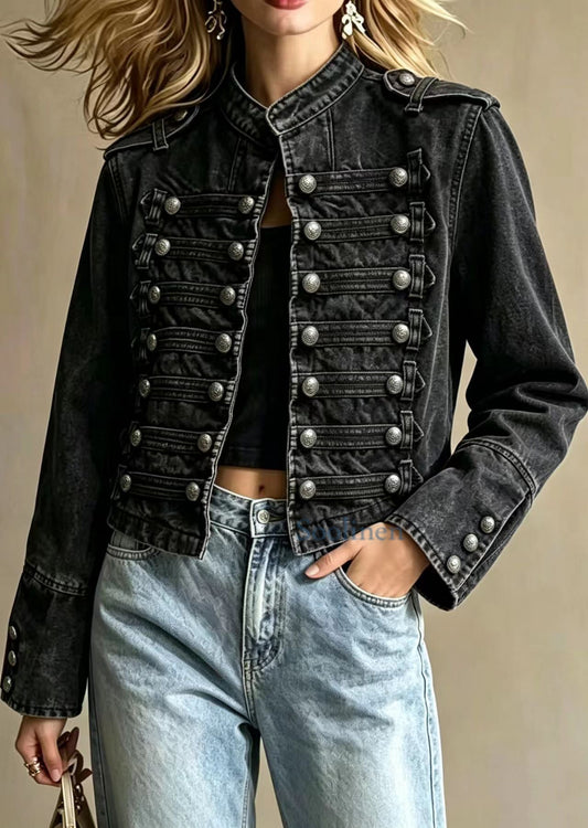 Slim Fit Black Stand Collar Multi-Row Buttons Cropped Denim Jacket Fall