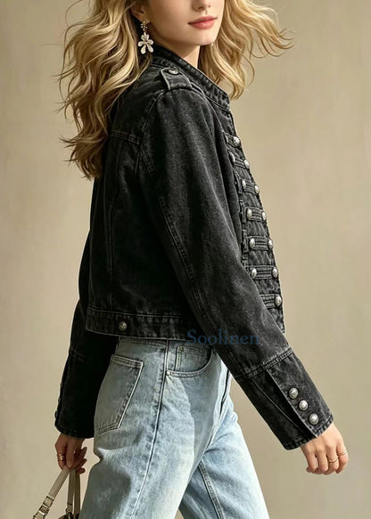 Slim Fit Black Stand Collar Multi-Row Buttons Cropped Denim Jacket Fall